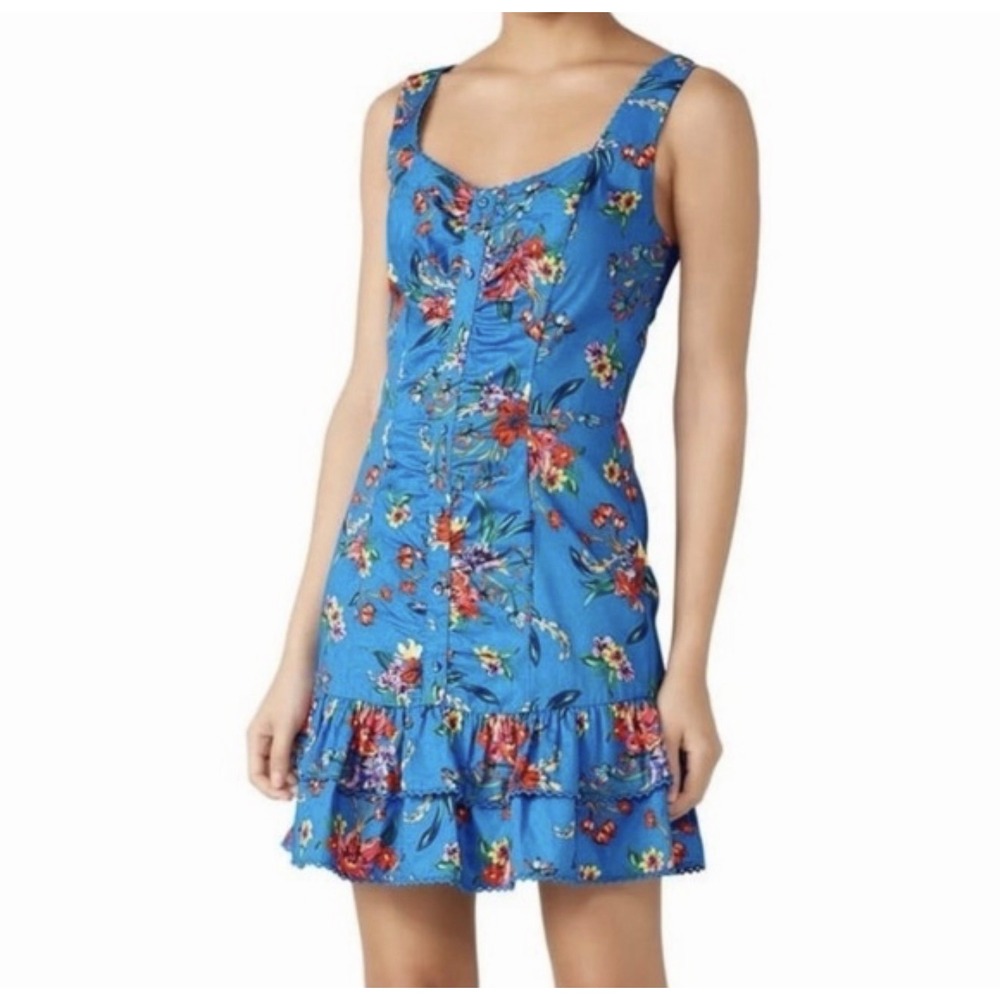 Parker Makari Women 6 Floral Ruffle Square Neck Sleeveless Mini Dress Romantic